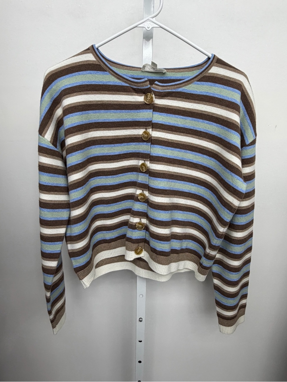 Striped Button-Front Crewneck Cardigan in Brown, Blue & Cream